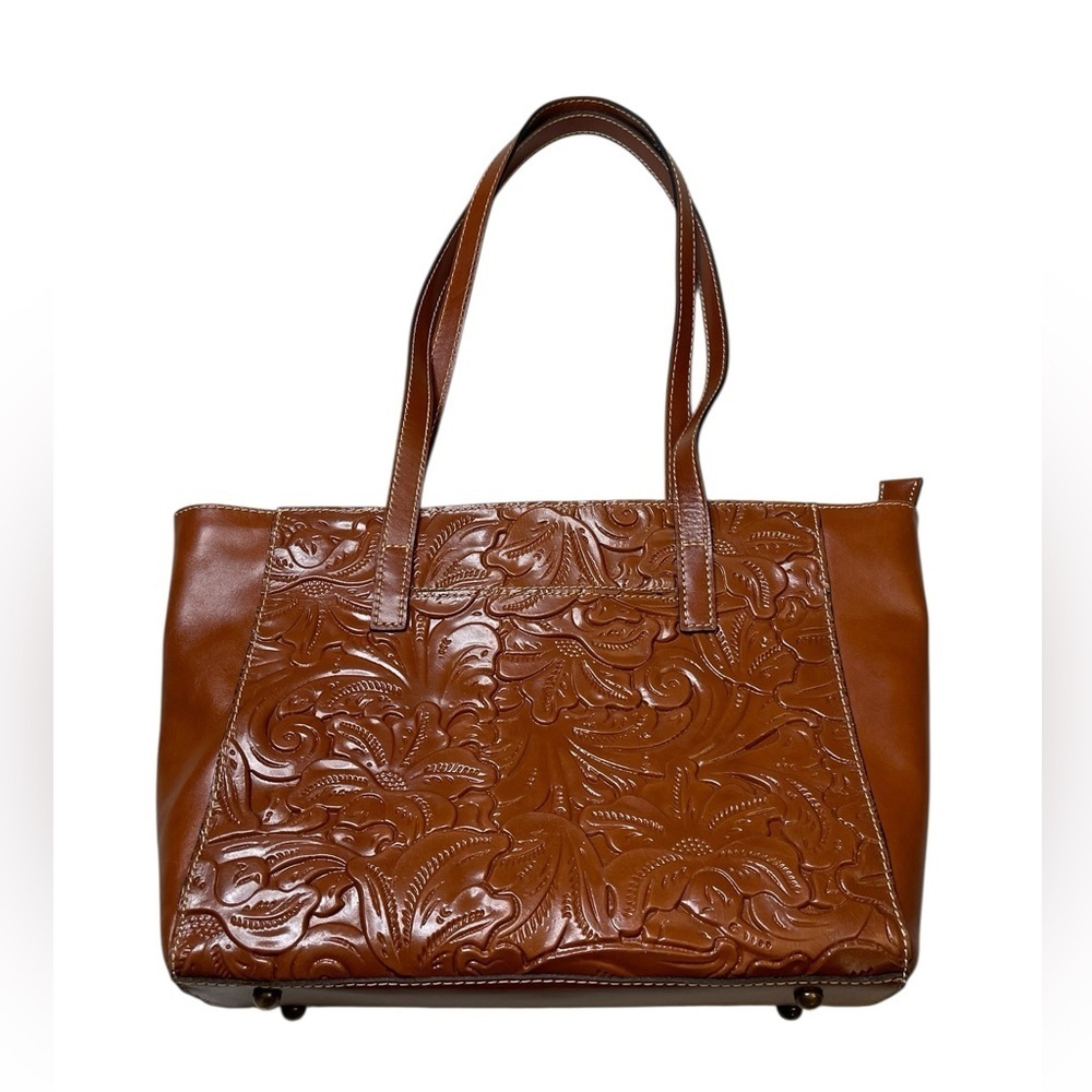 Patricia Nash Brown Tooled Genuine Leather Large Zip Tote Purse Shoulder Bag